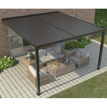 Pergola bioclimatica addossata in alluminio nero grafite 4x4m - X-METAL