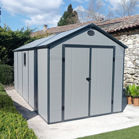 Casetta da giardino in resina grigia 11m² + kit di fondazione - JOBU