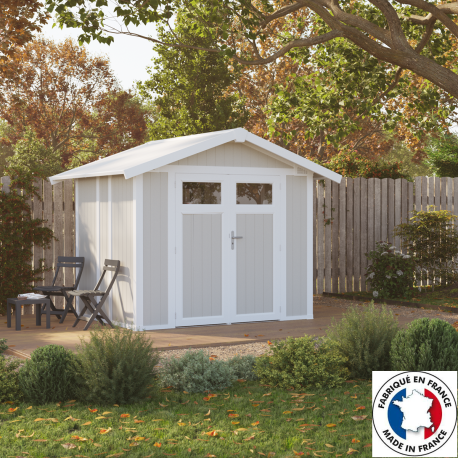 Casetta da giardino in PVC 4,9m² UTILITY bianco e grigio verde + kit di ancoraggio Grosfillex