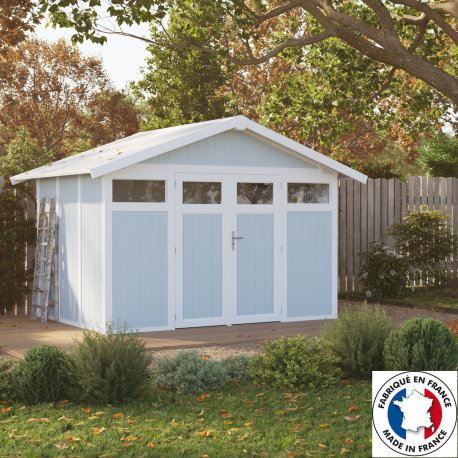Casetta da giardino in PVC 7,53m² UTILITY bianco e grigio blu + kit di ancoraggio Grosfillex