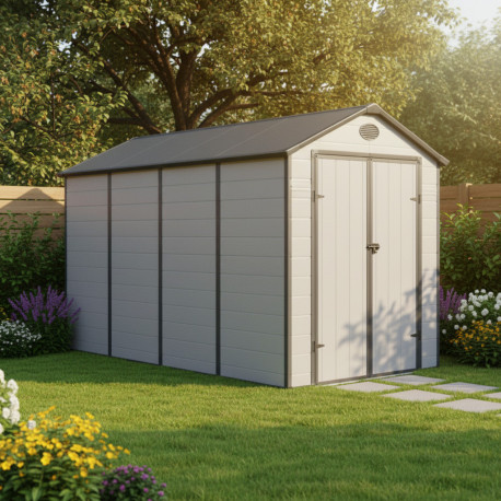Casetta da giardino in resina grigia 6,99m² + kit di montaggio - JOBU
