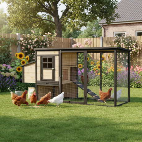 Pollaio in legno termotrattato FSC 200x75,5x103cm con tetto in feltro bitumato per 4-5 galline – Shelty Pet