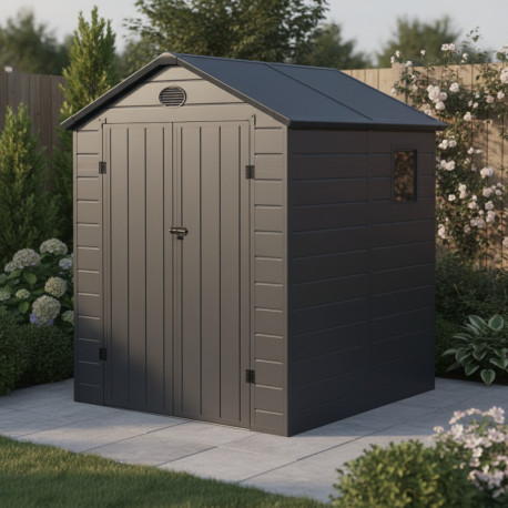 Casetta da giardino in resina antracite 3,65m² + kit di fondazione - JOBU