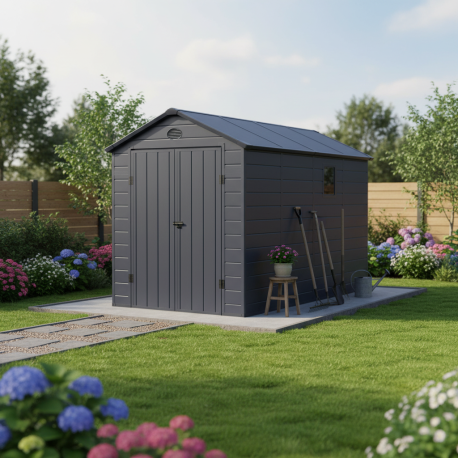 Casetta da giardino in resina antracite 6.99m² + kit di fondazione - JOBU