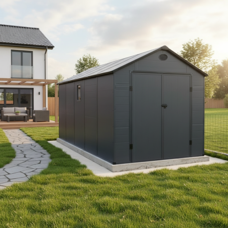 Casetta da giardino in resina antracite 11m² + kit di fondazione - JOBU