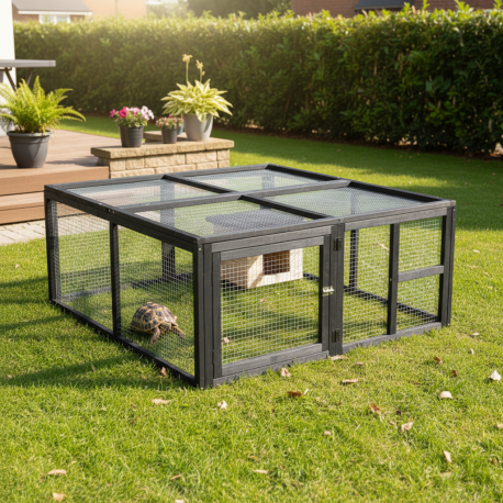 Recinto per tartarughe in legno termotrattato FSC 120x110x50cm + rifugio - Shelty Pet