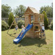 Parco giochi in legno termotrattato BISON con 2 altalene, 1 trapezio e 1 scivolo - Abracadaprout