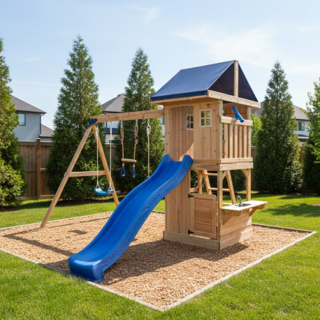 Area giochi MAMMOUTH in legno termotrattato con 2 altalene, 1 trapezio e 1 scivolo - Abracadaprout
