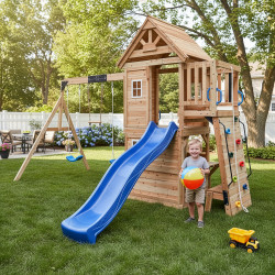 Parco giochi in legno termotrattato BISON con 2 altalene, 1 trapezio e 1 scivolo - Abracadaprout