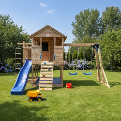 Parco giochi in legno termotrattato BUFFALO con 2 altalene, 1 trapezio e 1 scivolo - Abracadaprout
