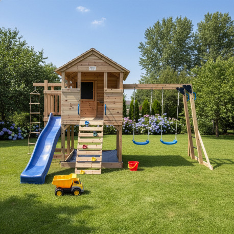 Parco giochi in legno termotrattato BUFFALO con 2 altalene, 1 trapezio e 1 scivolo - Abracadaprout