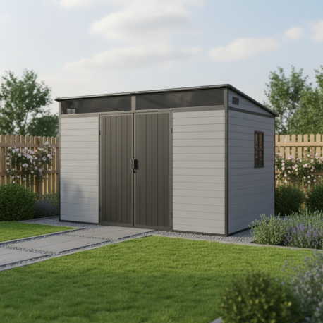 Casetta da giardino in resina spazzolata DICKINS Skylight 6,05 m² grigio e nero + pavimento - JOBU