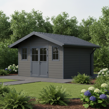 Casetta da giardino in legno composito grigio scuro da 28 mm con telaio antracite 14,75 m² PREMIUM - Woodlife Garden
