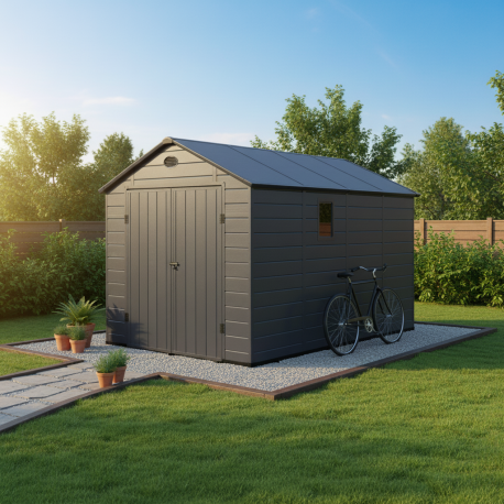 Casetta da giardino in resina antracite 8.90m² + kit di fondazione - JOBU