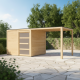 Casetta con tetto piano in legno massello 19mm Qubic 6,05m² + pensilina 5,6m² - Karibu
