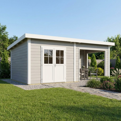 Casetta da giardino + terrazza con tetto a falda unica in legno composito grigio chiaro da 28 mm 15m² PREMIUM - Woodlife Garden