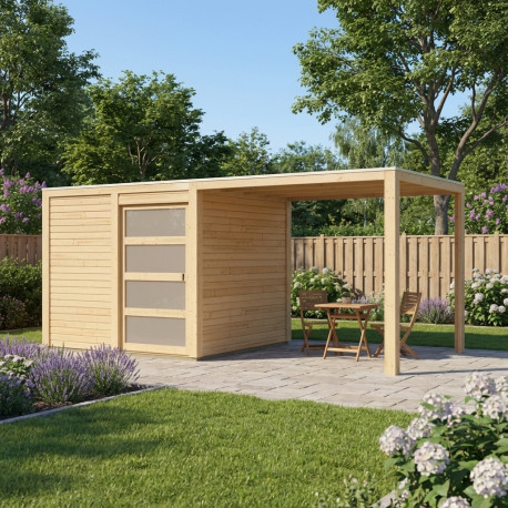 Casetta con tetto piano in legno massello 19mm Qubic 6,05m² + pensilina 5,6m² - Karibu