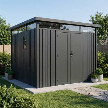 Casetta da giardino Kosto in acciaio zincato grigio scuro 8,64 m² + kit di ancoraggio - X-Métal