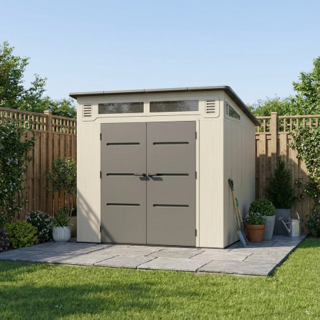 Casetta da giardino Sunlife HDPE 6,5 ​​m² a pendenza singola crema e grigio + pavimento - JOBU