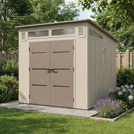 Casetta da giardino Sunlife in HDPE 6,5 ​​m² a pendenza singola crema e marrone + pavimento - JOBU