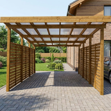 Tettoia per auto in legno trattato e verniciato 17 m² con pareti laterali + tetto in policarbonato da 6 mm - Gardy Shelter