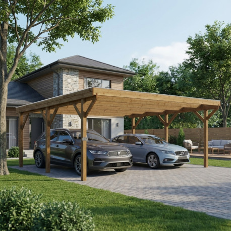 Posto auto coperto doppio in legno trattato e verniciato 24,43 m² + tetto in policarbonato 6 mm - Gardy Shelter
