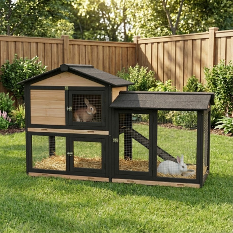 Gabbia in legno FSC termotrattato con recinto 147x53x92 cm per 4 conigli o roditori - Shelty Pet
