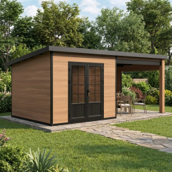 Casetta da giardino monofalda in composito con telaio in alluminio effetto legno, 7,8 m² + terrazza 7,8 m² - Woodlife Garden