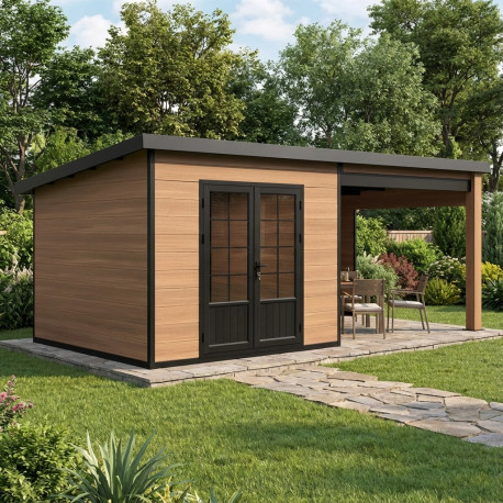Casetta da giardino monofalda in composito con telaio in alluminio effetto legno, 7,8 m² + terrazza 7,8 m² - Woodlife Garden