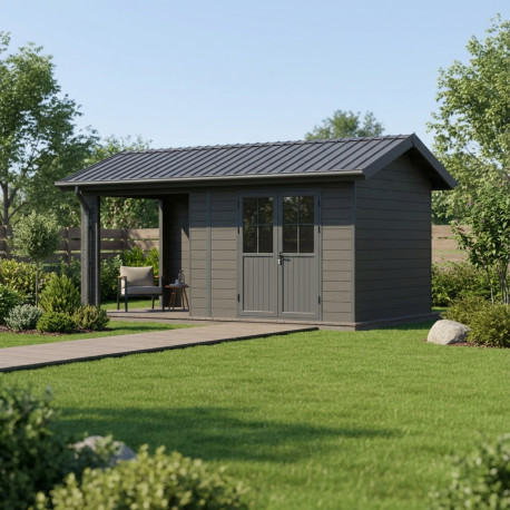Casetta da giardino + terrazza in legno composito grigio scuro da 28 mm e telaio antracite 15 m² PREMIUM - Woodlife Garden