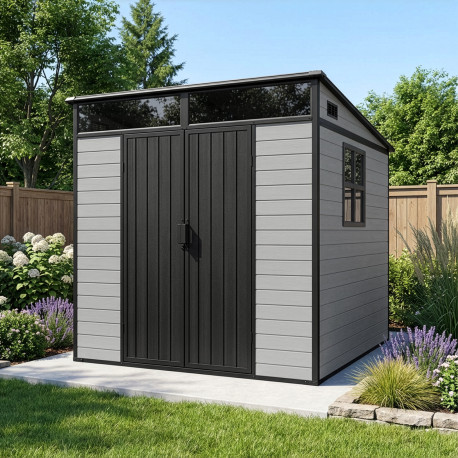 Casetta da giardino in resina spazzolata DICKINS Skylight 4m² grigio e nero + pavimento - JOBU