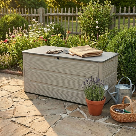 Baule da giardino Sunlife 645L in HDPE, beige e grigio - Jobu
