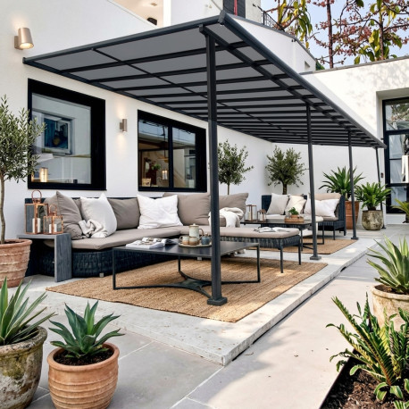 Pergola addossata regolabile in alluminio - pannelli grigi - 400 cm di profondità x 985 cm di lunghezza - X-METAL