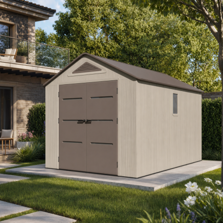 Casetta da giardino Sunlife in HDPE da 9,5 m² color crema e marrone + pavimento - JOBU