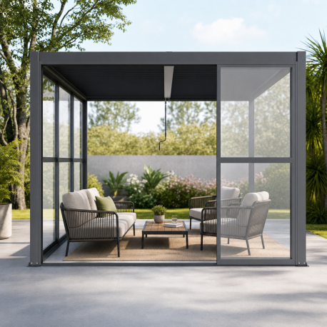 Pannelli scorrevoli in policarbonato trasparente da 3 mm per lato di una pergola da 3 m - X-METAL