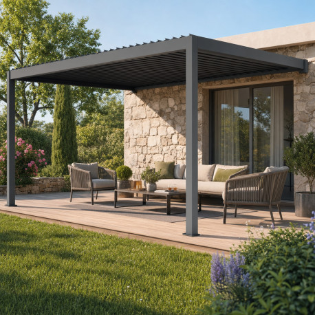 Pergola bioclimatica addossata motorizzata, in alluminio antracite, 4x3 m - X-METAL