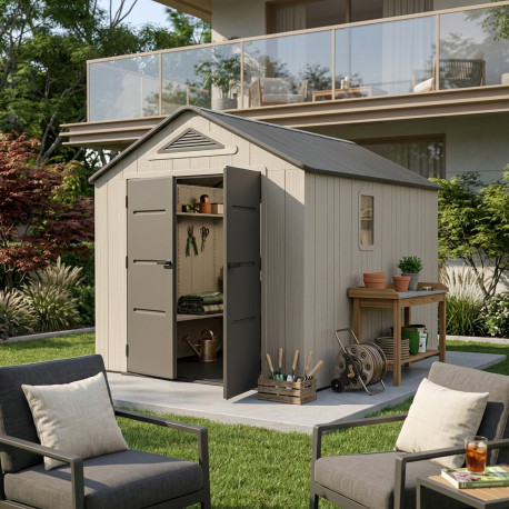 Casetta da giardino Sunlife in HDPE da 7,8 m²crema e grigio + pavimento - JOBU
