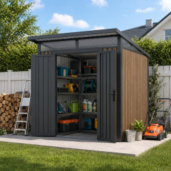 Casetta da giardino in acciaio zincato 0,4mm Woodsteel 4,5m² a tetto monofalda + kit di ancoraggio - X-Metal