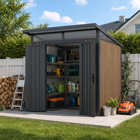 Casetta da giardino in acciaio zincato 0,4mm Woodsteel 4,5m² a tetto monofalda + kit di ancoraggio - X-Metal