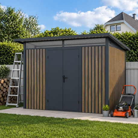 Casetta da giardino in acciaio zincato 0,4mm Woodsteel 6,6m² a tetto monopendenza + kit di ancoraggio - X-Métal