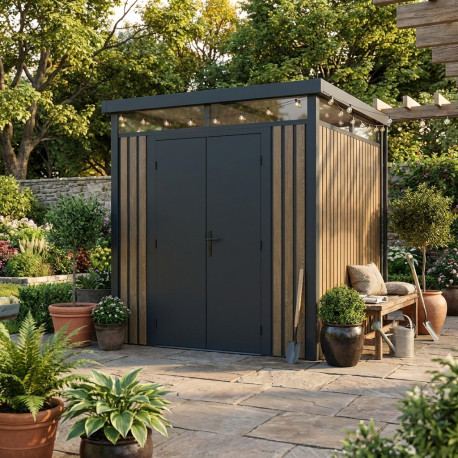Casetta da giardino in acciaio zincato 0,4mm Woodsteel 4,5m² + kit di ancoraggio - X-METAL
