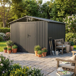 Casetta da giardino Kosto doppia falda in acciaio zincato grigio scuro 7,56 m² + kit di ancoraggio - X-Metal