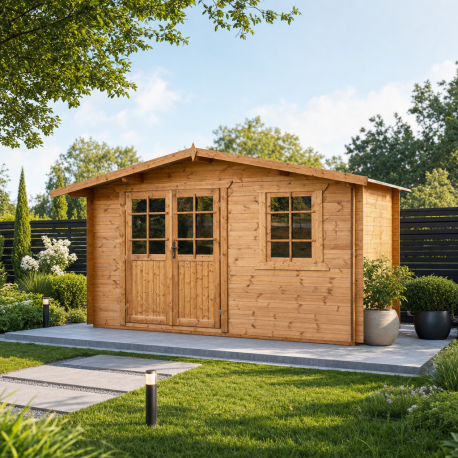 Casetta in legno massello da 28 mm trattato in autoclave colore marrone 12m² TOP - Gardy Shelter - con finestra apribile