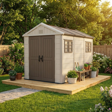 Casetta da giardino in HDPE SunLife beige 7,17 m² + pavimento - JOBU