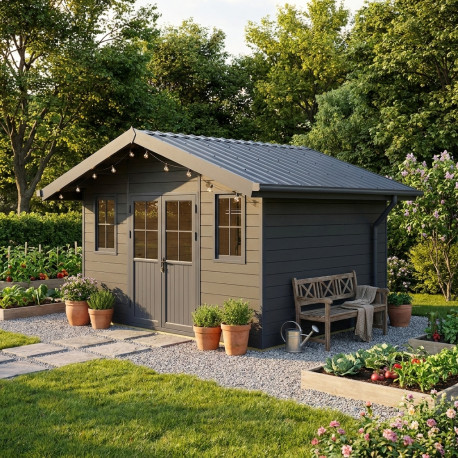 Casetta da giardino in legno composito grigio chiaro da 28 mm 10,71 m² PREMIUM - Woodlife Garden