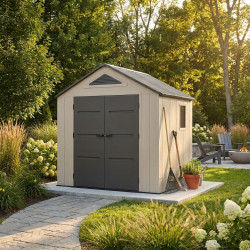 Casetta da giardino Sunlife in HDPE 4,5 m² crema e grigio + pavimento - JOBU