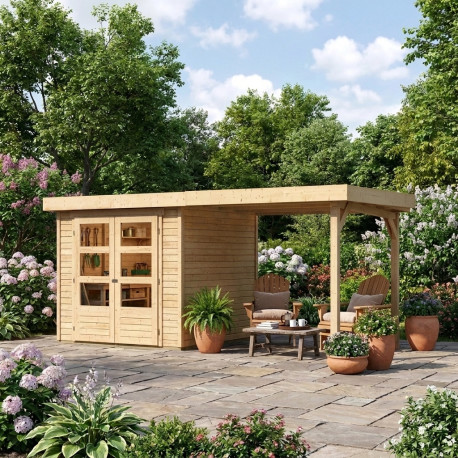 Casetta da giardino in legno massello 4,62m² Askola 2 con tettoia 240cm – WoodFeeling