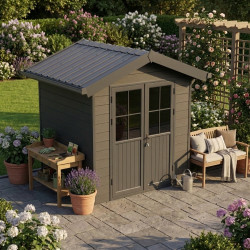 Casetta da giardino in legno composito grigio scuro da 28 mm con telaio antracite 4,77 m² PREMIUM - Woodlife Garden