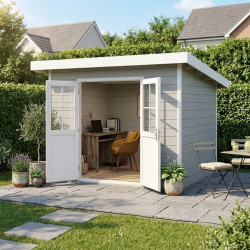 Casetta in legno composito 28mm grigio chiaro 9m² PREMIUM tetto piatto - Woodlife Garden