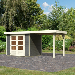 Casetta da giardino in legno massello Askola 3 grigio terra, 5,25 m² con tettoia laterale da 240 cm – Karibu